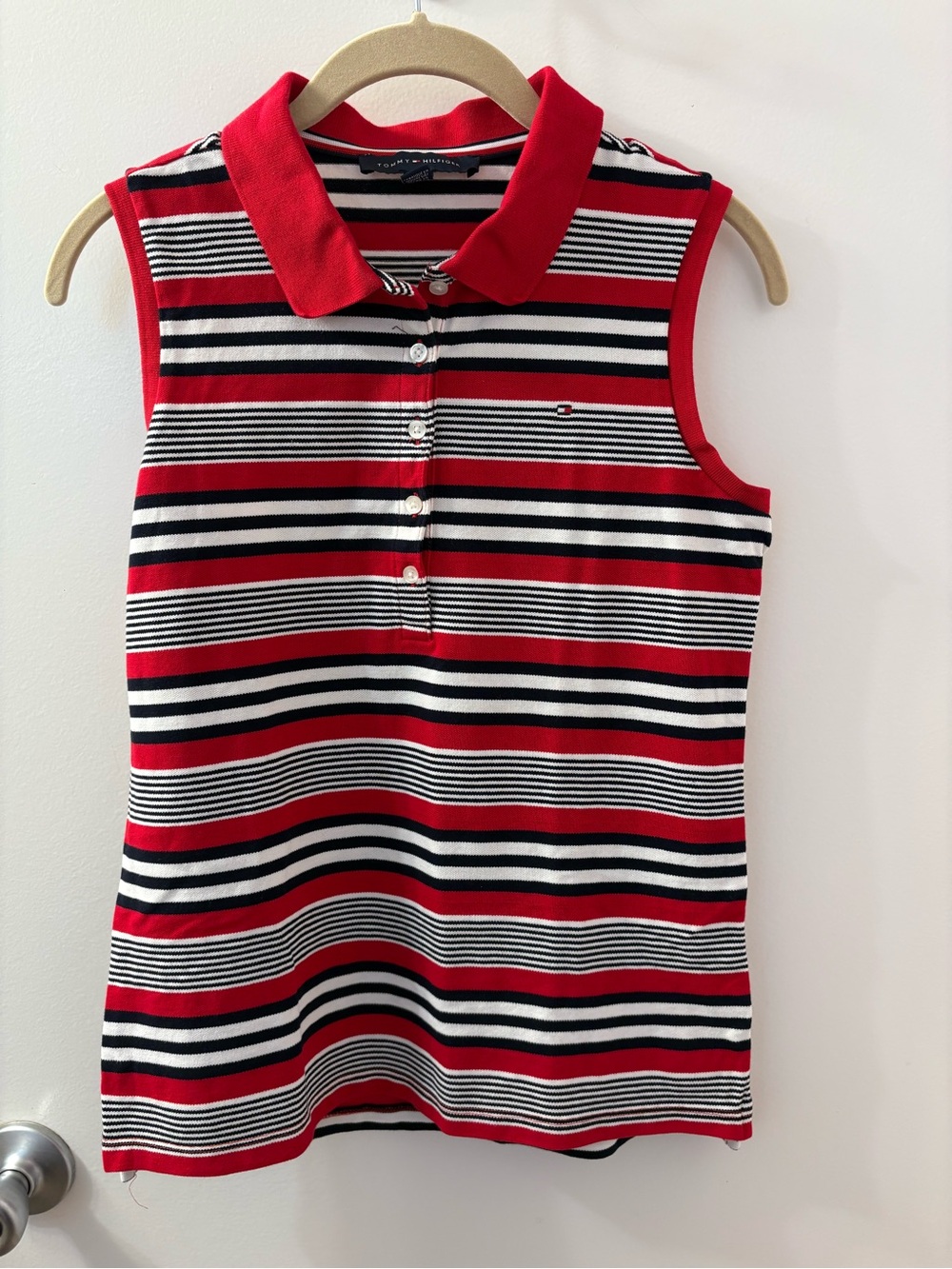 Tommy Hilfiger Red, Black & White Striped Sleeveless Polo Tank XS Like New
